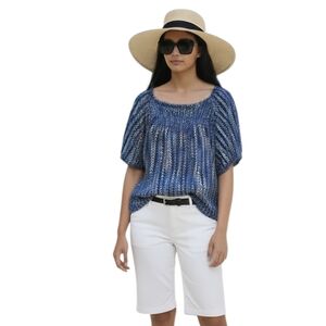 Lucky Brand Boho Top Sz L Hippie Cotton Navy/White Vacation Resort Cruise Summer